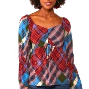 Cato Size 22-24W Blue Plaid Patchwork Sweetheart Neckline Poets Blouse Boho-Chic